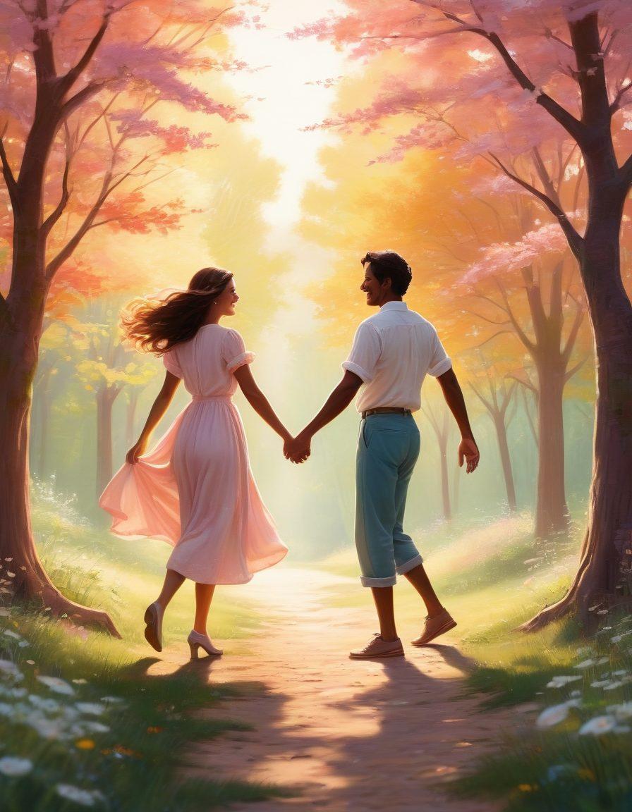 A romantic scene depicting the journey of love, starting with playful flirtation at one end, transitioning through various stages like deepening affection, shared experiences, and finally, a committed couple holding hands at the other end. Soft pastel colors to evoke warmth and tenderness, with subtle heart motifs woven through the background to symbolize love's evolution. dreamy illustration. vibrant colors. soft focus.