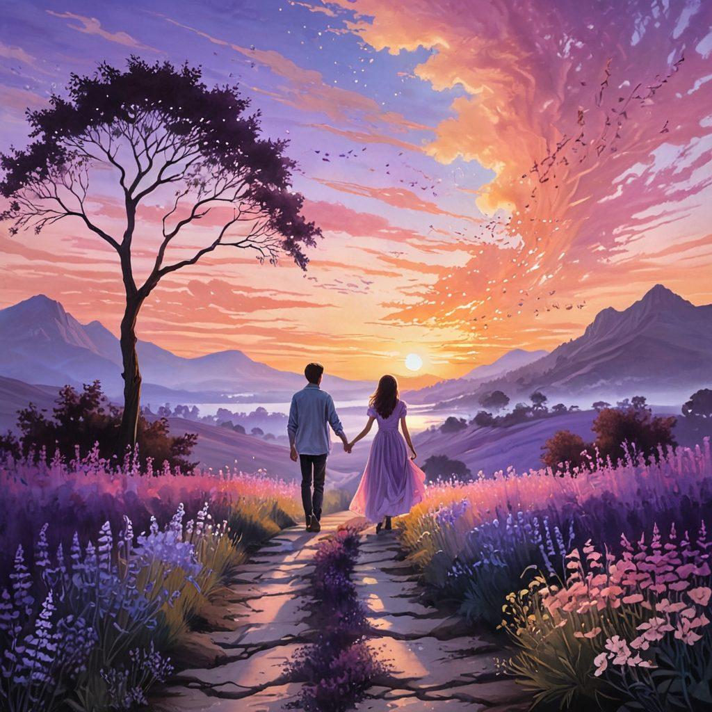 An ethereal scene depicting two silhouettes reaching towards each other against a stunning sunset backdrop, with twinkling stars beginning to appear in the twilight sky. The foreground features intertwined hearts made of soft flowers and glowing light. Include elements of a winding path symbolizing the journey of love. dreamy and romantic atmosphere. soft pastel colors. painting.