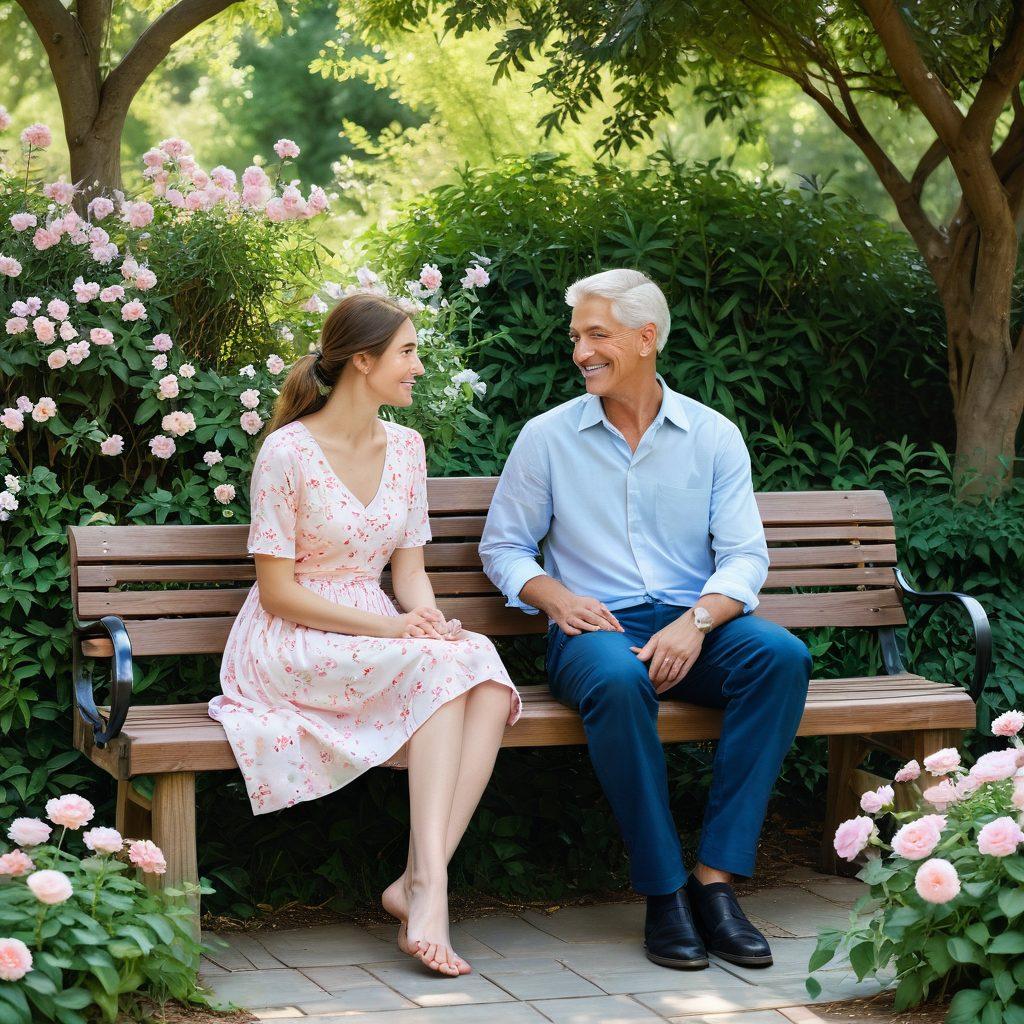 A serene scene depicting two individuals, engaged in deep conversation on a park bench surrounded by blossoming flowers and soft sunlight. The atmosphere exudes warmth and connection, with tender body language, smiles, and an occasional glance into each other's eyes. Subtle symbols of love, like hearts and intertwined vines, subtly integrated into the background. Emphasize a sense of intimacy and deep emotional bonding. soft pastel colors. super-realistic.